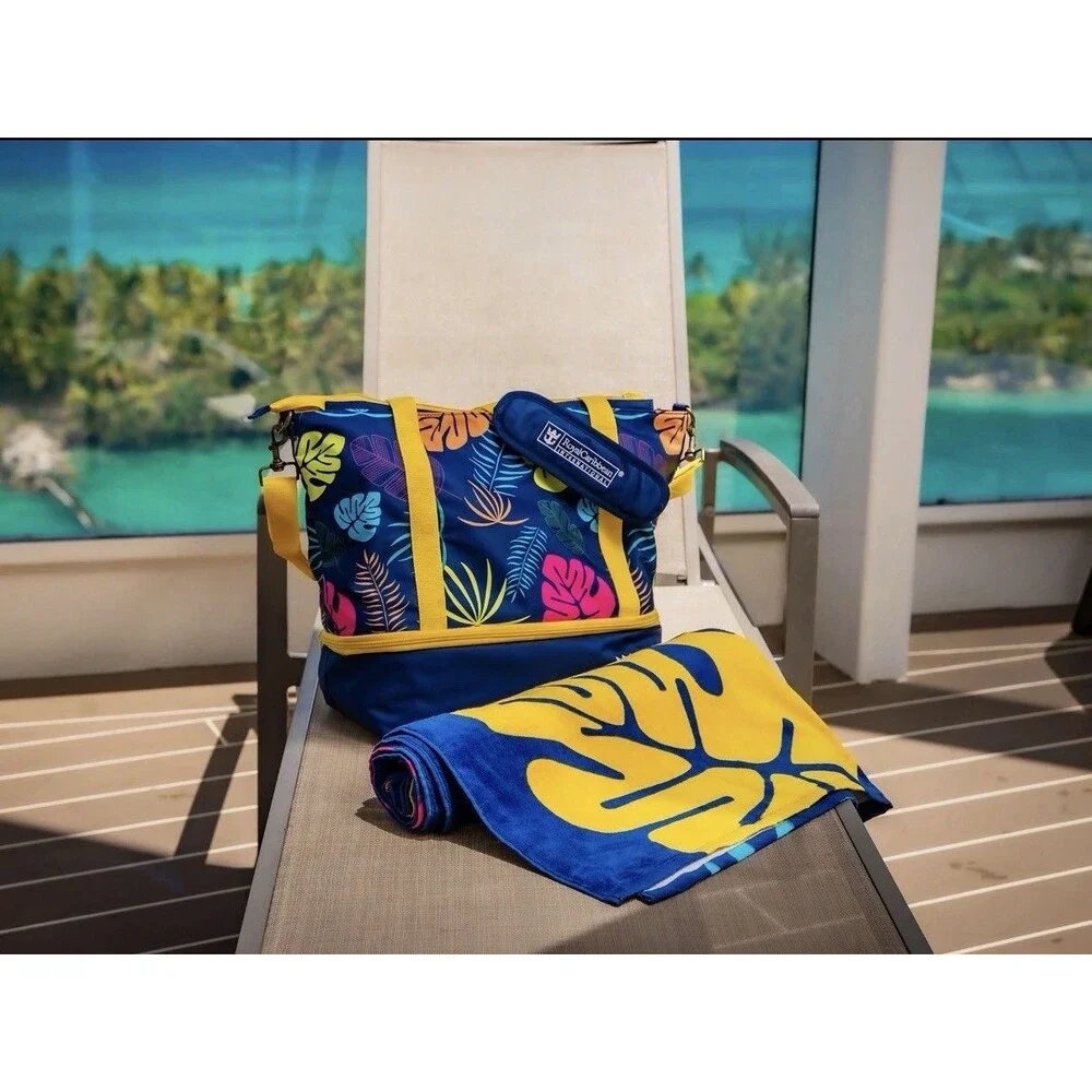 Royal Caribbean Blue Tropical Tote and Towel Set- Pre Owned Tote But New Towel